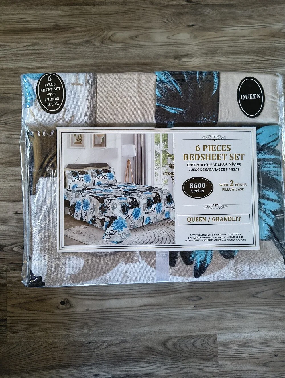 6-Piece Queen Bedsheet Set with Blue Floral Paris Design
